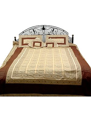 Ivory and Brown Seven-Piece Banarasi Bedcover with Woven Peacocks