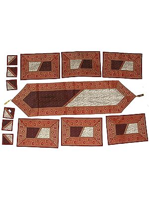 Ivory and Cordovan Thirteen Piece Banarasi Dinner Set with Golden Thread Weave and Green Brocaded Border