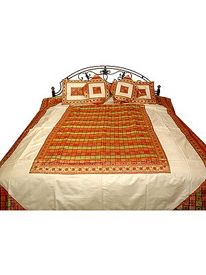 Ivory and Golden Banarasi Bedspread with Tanchoi Weave