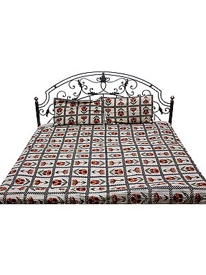 Ivory and Gray Block-Printed Floral Bedspread from Pilkhuwa