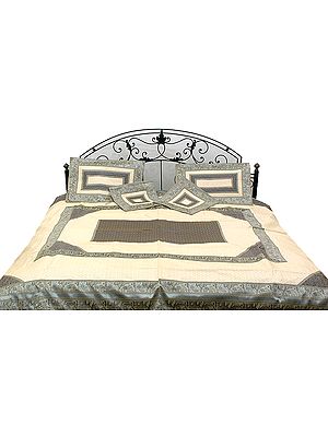 Ivory and Gray Seven-Piece Banarasi Bedcover with Woven Elephants and Peacocks on Border