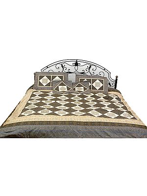 Ivory and Gray Seven-Piece Banarasi Bedcover with Woven Mandalas