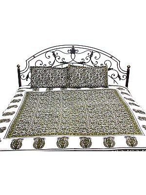 Ivory and Green Bedspread From Pilkhuwa with Printed Flowers