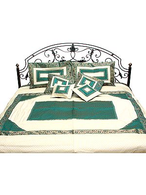 Ivory and Green Seven-Piece Banarasi Bedcover with Tanchoi Weave and Brocaded Border