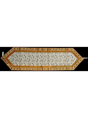 Ivory and Mustard Table Runner from Banaras with Embroidered Paisleys