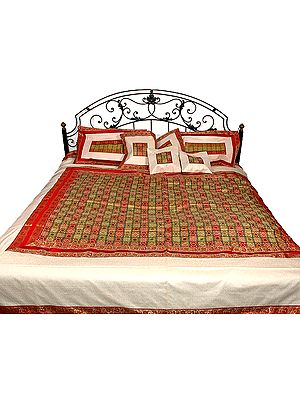Ivory and Red Banarasi Bedspread with Golden Zari Weave