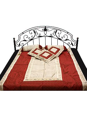 Ivory and Red Banarasi Single Bedspread with Tanchoi Weave All-Over and Brocaded Border