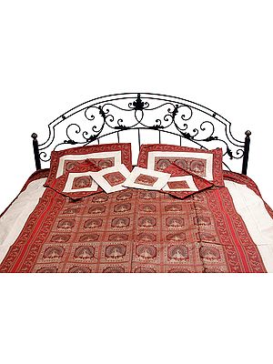 Ivory and Red Seven-Piece Banarasi Bedcover with Woven Peacocks