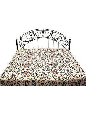 Ivory Bedspread from Kashmir with Ari Embroidered Flowers by Hand
