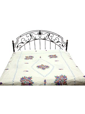 Ivory Bedspread from Kashmir with Ari-Embroidered Tulips