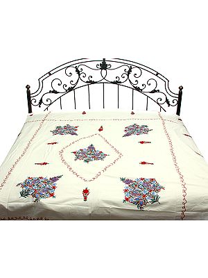 Ivory Bedspread from Kashmir with Ari-Embroidered Flowers