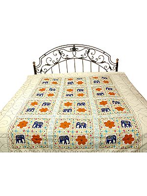 Ivory Elephant Bedspread with Appliqué Work and Embroidery