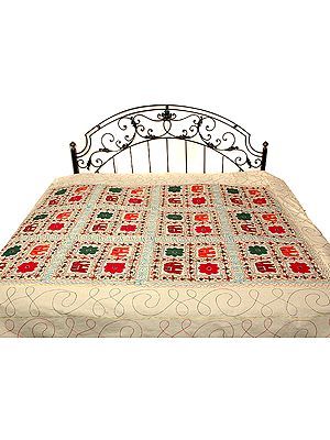 Ivory Elephant Bedspread with Appliqué Work and Embroidery