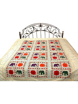 Ivory Elephant Bedspread with Appliqué Work and Embroidery