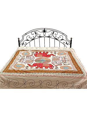 Ivory Gujarati Bedspread with Appliqué Elephants and All-Over Embroidery