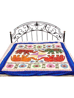 Ivory Gujrati Bedspread with All-Over Patch-work Elephants and Sequins