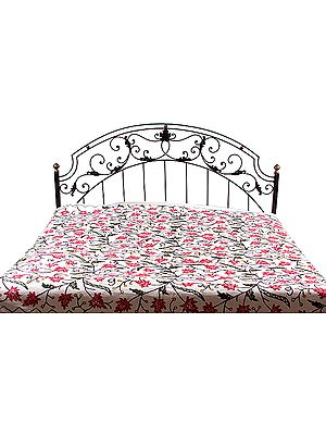 Ivory Kashmiri Bedcover with Hand-Embroidered Leaves
