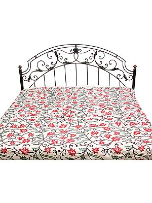 Ivory Kashmiri Bedspread with All-Over Ari Embroidered Chinar Leaves