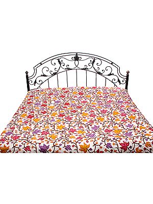 Ivory Kashmiri Bedspread with All-Over Ari Embroidered Maple Leaves