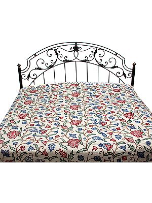 Ivory Kashmiri Bedspread with All-Over Ari-Embroidered Flowers