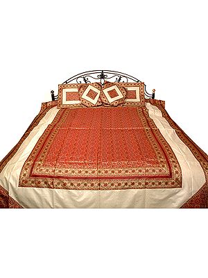 Ivory and Red Bedcover from Banaras with Floral Brocade Weave