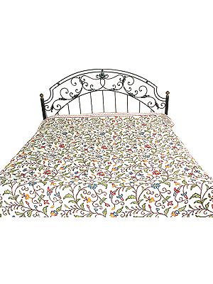 Kashmiri Bedcover with Multi-Color Floral Embroidery