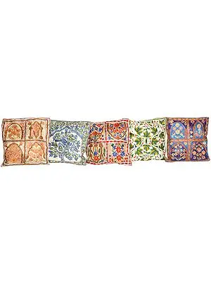 Lot of Five Cushion Covers from Kashmir with Dense Chain-Stitch Embroidery