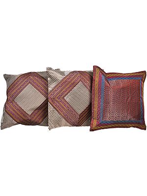 Lot of Three Cushion Covers from Banaras with Brocade Weave and Patchwork