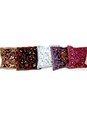 Lot of Five Cushion Covers from Kashmir with All-Over Ari Embroidery