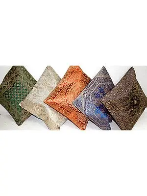 Lot of Five Cushion Covers with Brocade Weave and Sequins