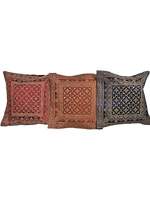 Lot of Three Cushion Covers with Brocade Weave and Sequins