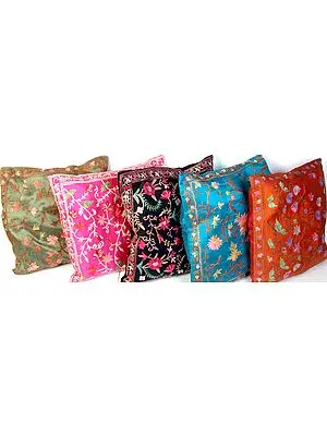 Lot of Five Cushion Covers from Kashmir with All-Over Ari Embroidery
