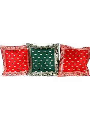 Lot of Three Banarasi Cushion Covers with Elephants and Peacocks
