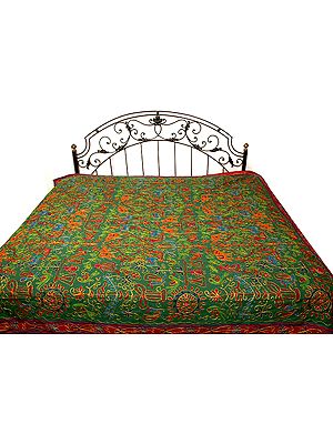 Green Gujarati Bedspread with All-Over Thread Work