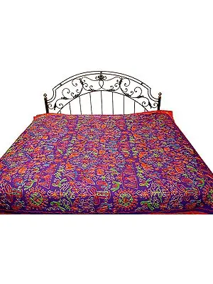 Purple Gujarati Bedspread with All-Over Thread Work