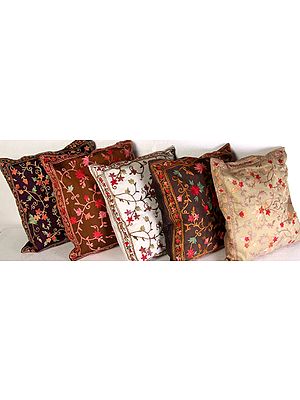 Lot of Five Cushion Covers from Kashmir with All-Over Ari Embroidery
