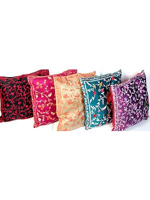 Lot of Five Cushion Covers from Kashmir with All-Over Crewel Embroidery
