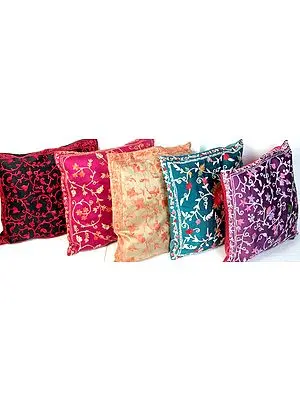 Lot of Five Cushion Covers from Kashmir with All-Over Crewel Embroidery