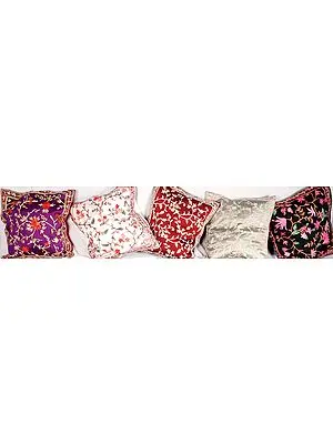 Lot of Five Cushion Covers from Kashmir with All-Over Crewel Embroidery