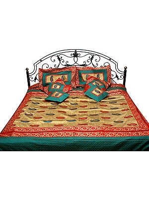 Khaki and Red Banarasi Seven-Piece Bedcover with Embroidered Paisleys