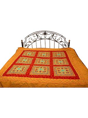 Khaki Gujarati Bedspread with Hand-Embroidery All-Over