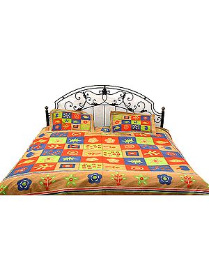 Khaki Kantha Bedspread with Tri-Color Print