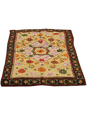 Khaki Tablecover from Gujrat with All-Over Embroidery, Sequins and Mirrors