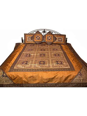 Blue and Mustard Bedcover from Banaras with Brocade Weave