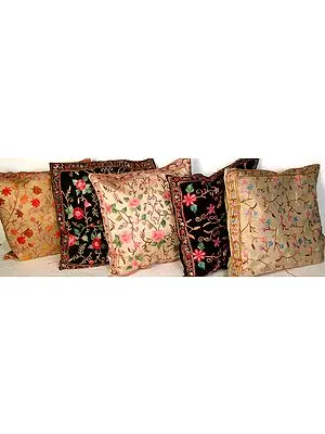 Lot of Five Cushion Covers from Kashmir with All-Over Ari Embroidery