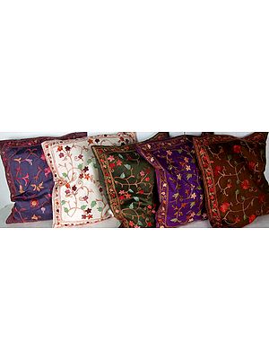 Lot of Five Cushion Covers from Kashmir with All-Over Ari Embroidery