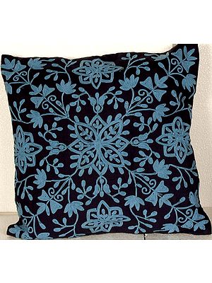 Midnight-Blue Cushion Cover with Crewel Embroidery