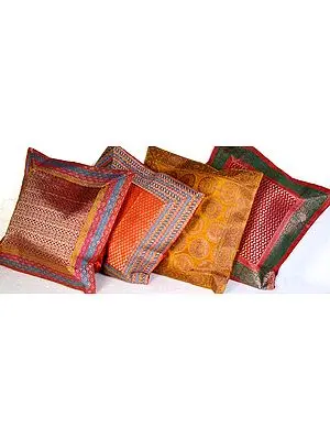 Lot of Four Cushion Covers from Banaras with Brocade Weave