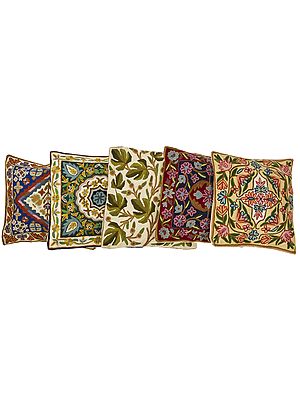 Lot of Five Cushion Covers from Kashmir with Dense All-Over Embroidery