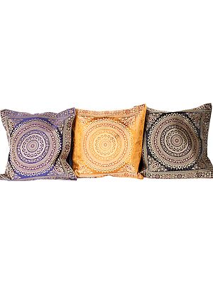 Lot of Three Cushion Covers with Woven Mandalas